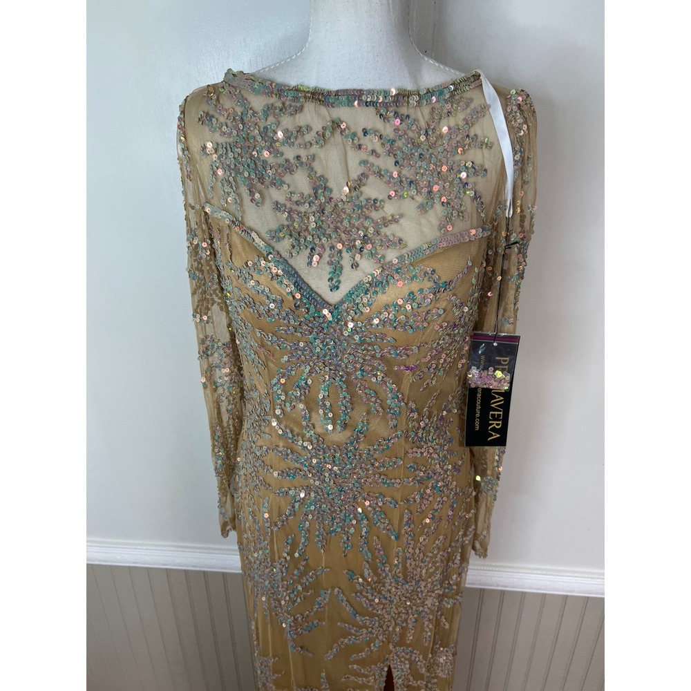 Primavera Couture Gold Sequin Long Sleeve Evening Gown Front Slit Size 18 NEW
